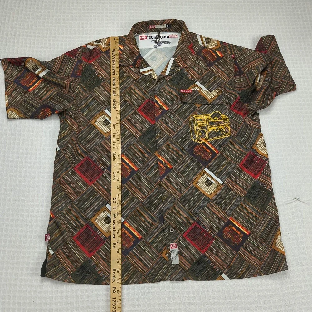 Ecko Unltd Complex Mens XL Brown Geometric Boombox Embroidered Button Up Shirt - Picture 6 of 11